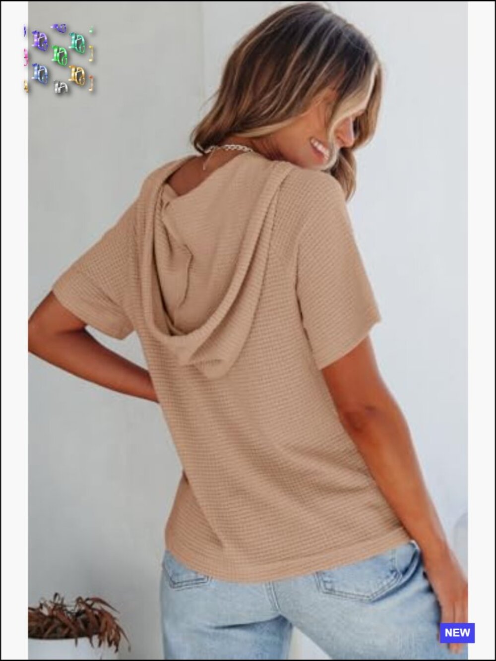 Waffle Knit Short Sleeve Hoodie Casual Button V Neck Lightweight Blouse - Picture 6 of 7